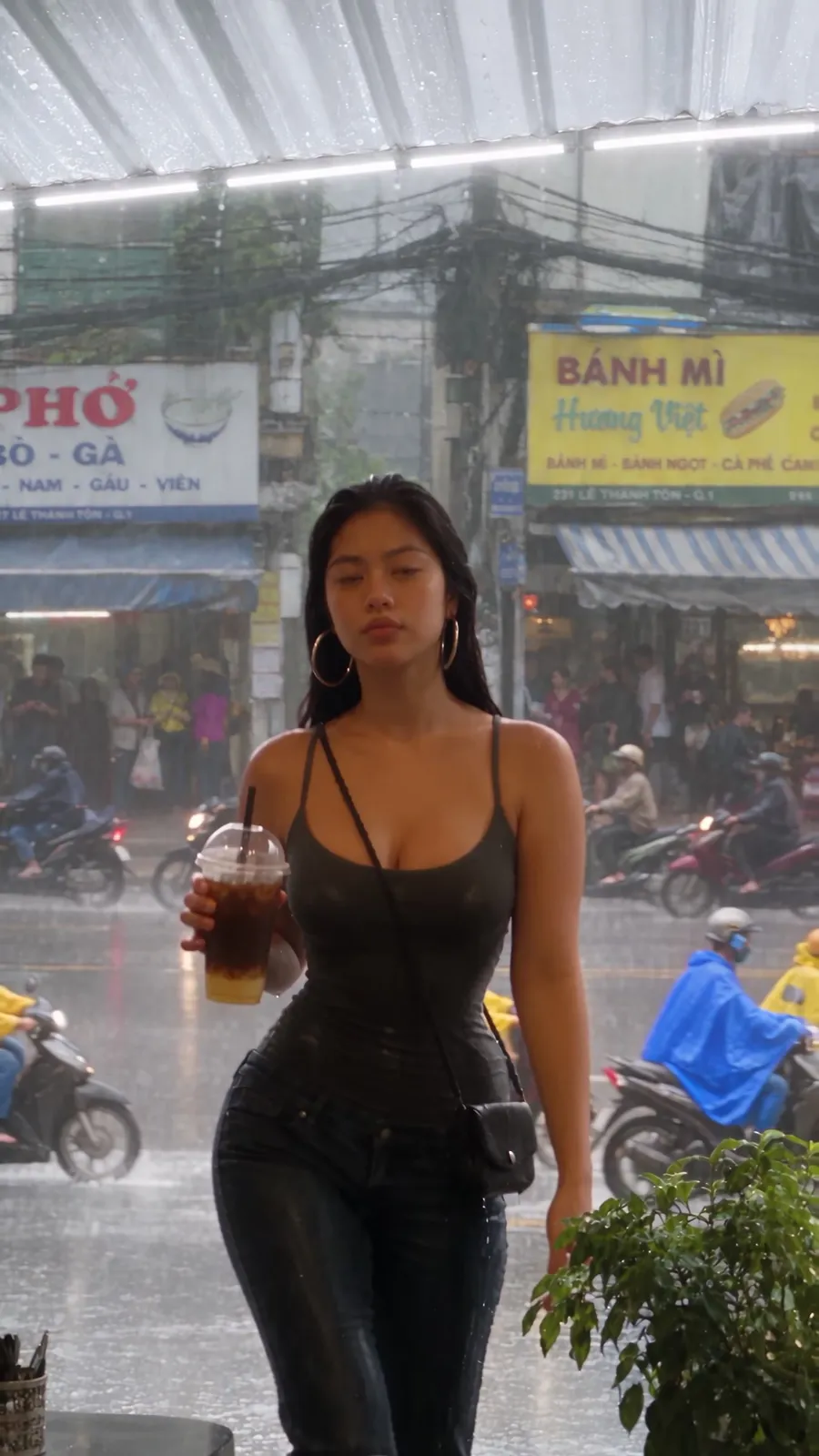 Melody walking in the monsoon rain in Saigon